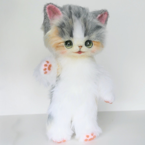 アートドール 三毛猫 羊毛フェルト フェイクファー テディキャット 本