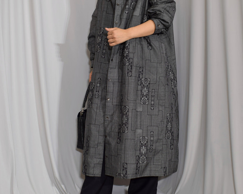 大島紬の着物から仕立てたロングシャツ,紬ロングシャツワンピース