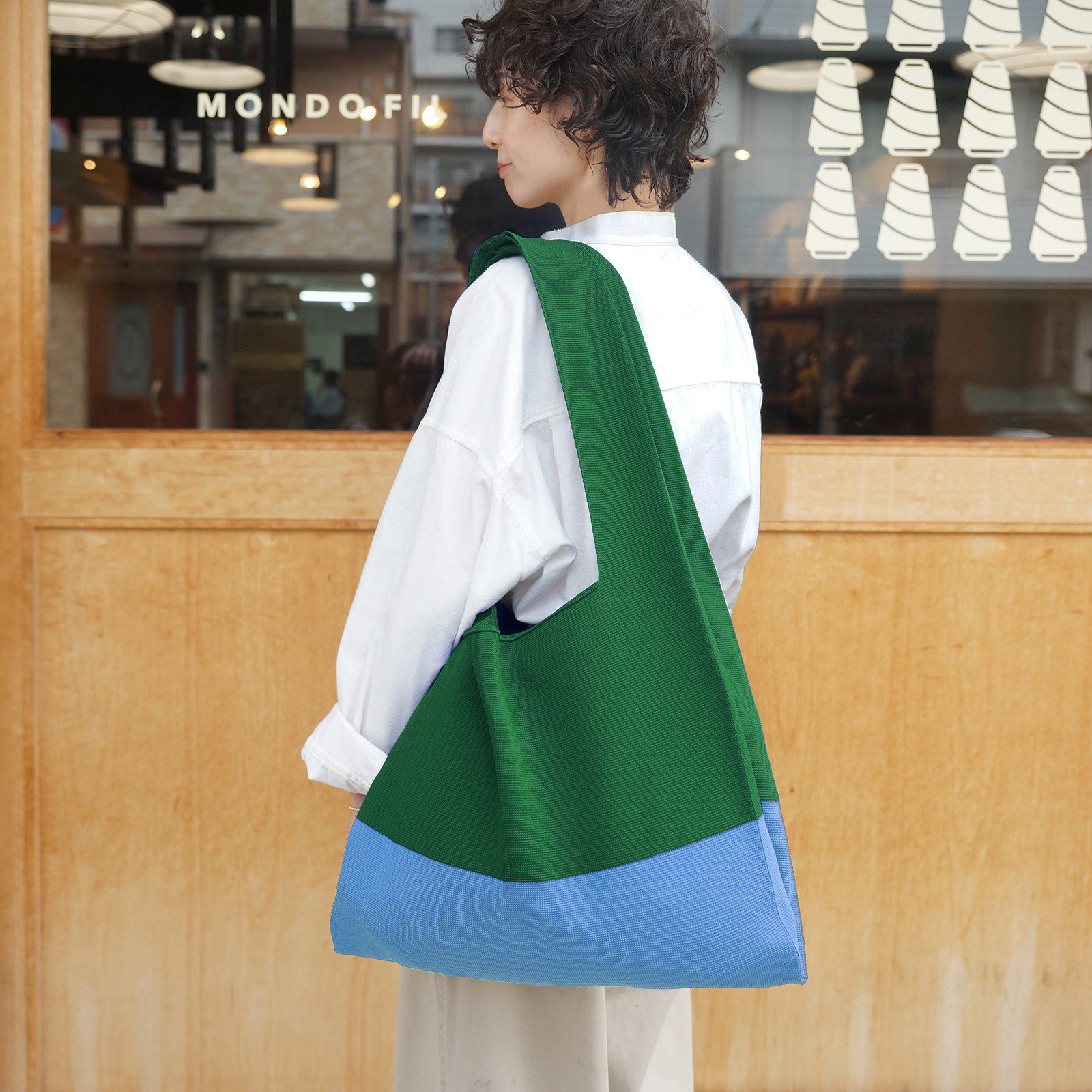 マルシェバッグ 【 グリーン × サックス 】 ニットバッグ A4対応 大きめ