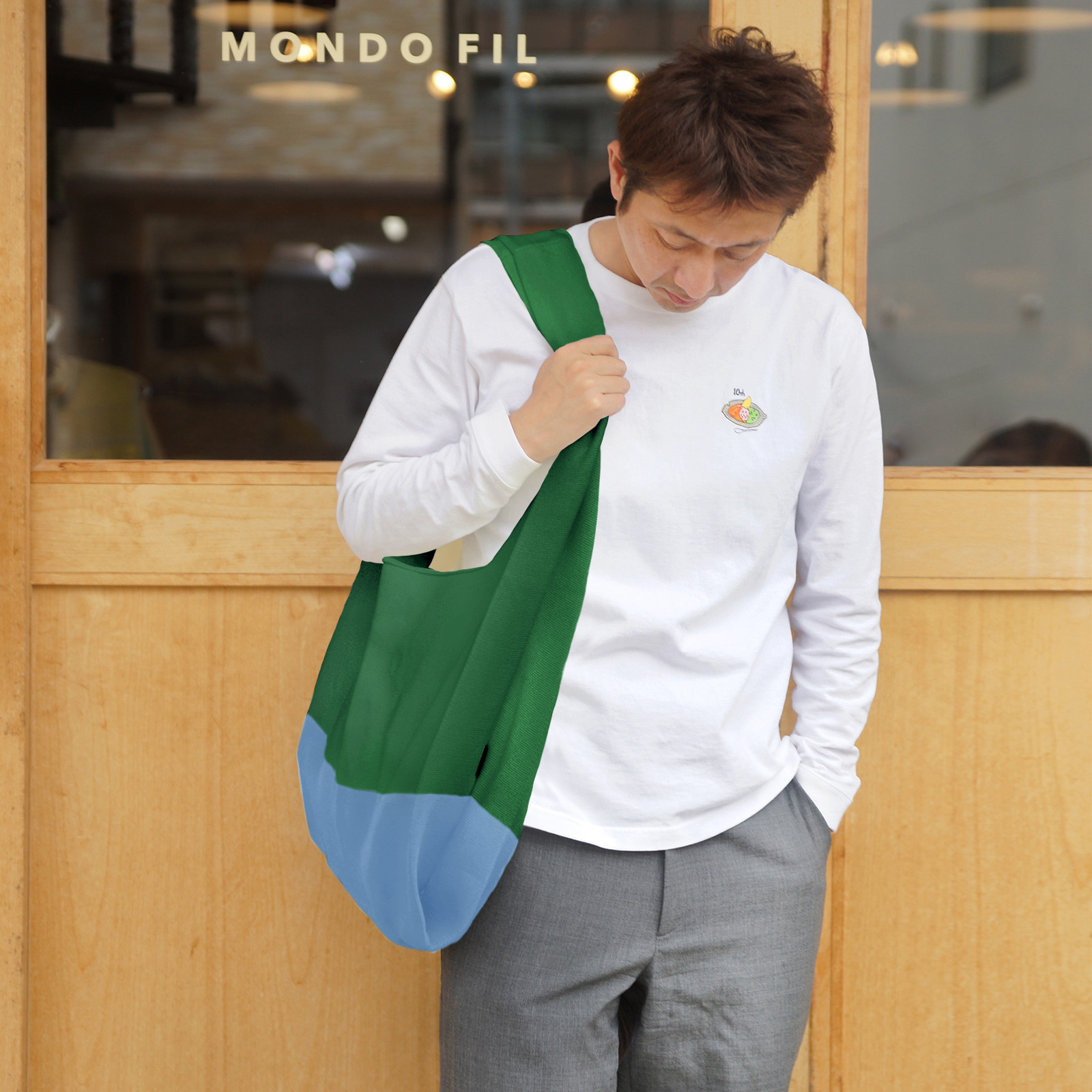 マルシェバッグ 【 グリーン × サックス 】 ニットバッグ A4対応 大きめ