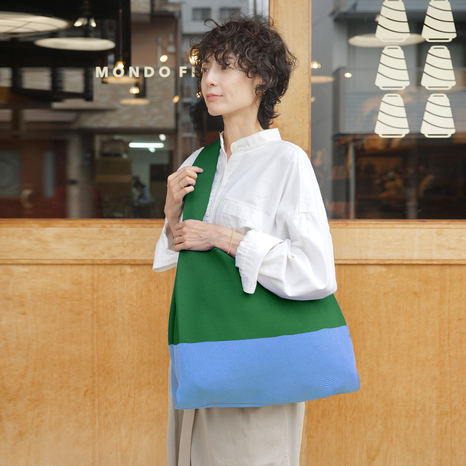 マルシェバッグ 【 グリーン × サックス 】 ニットバッグ A4対応 大きめ