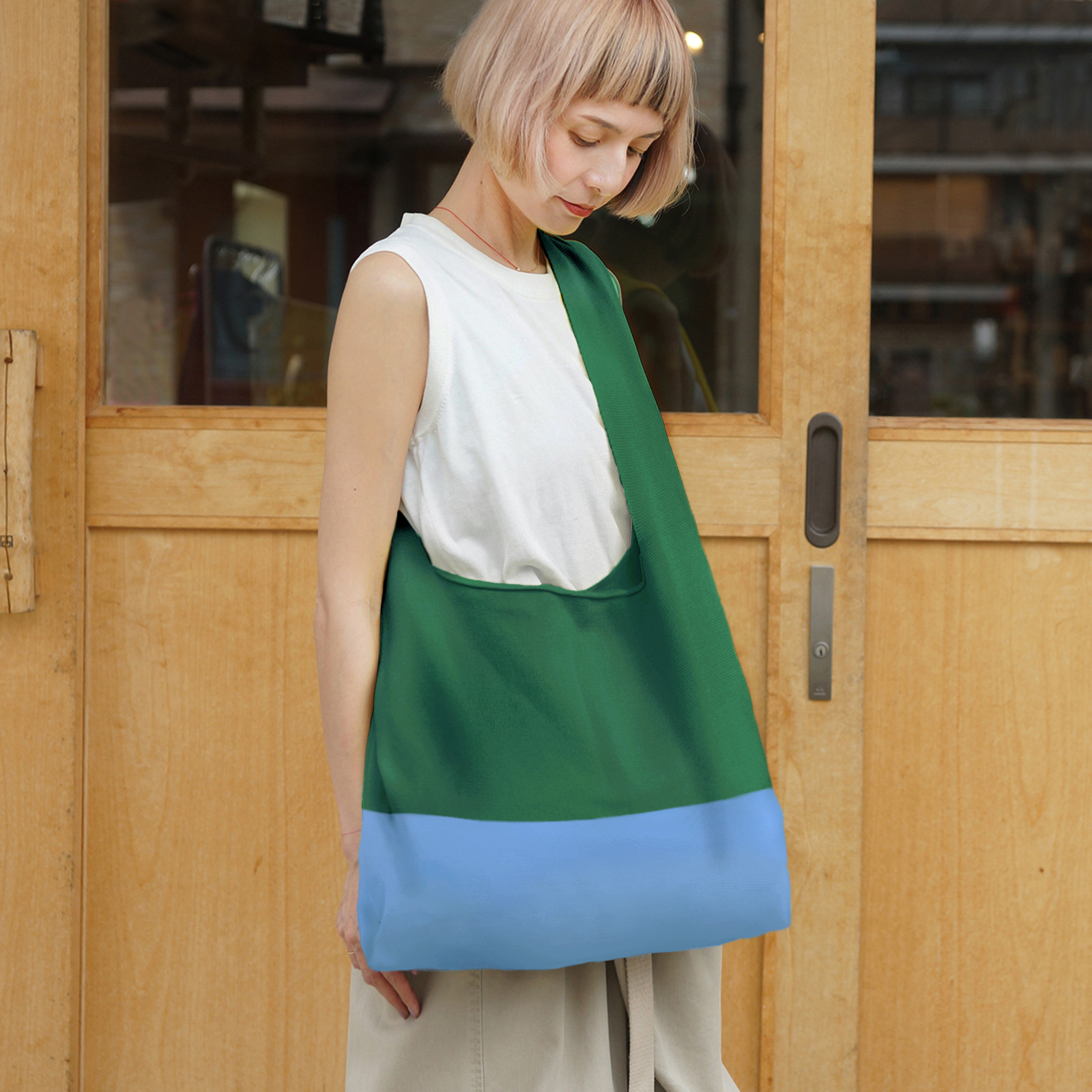 マルシェバッグ 【 グリーン × サックス 】 ニットバッグ A4対応 大きめ