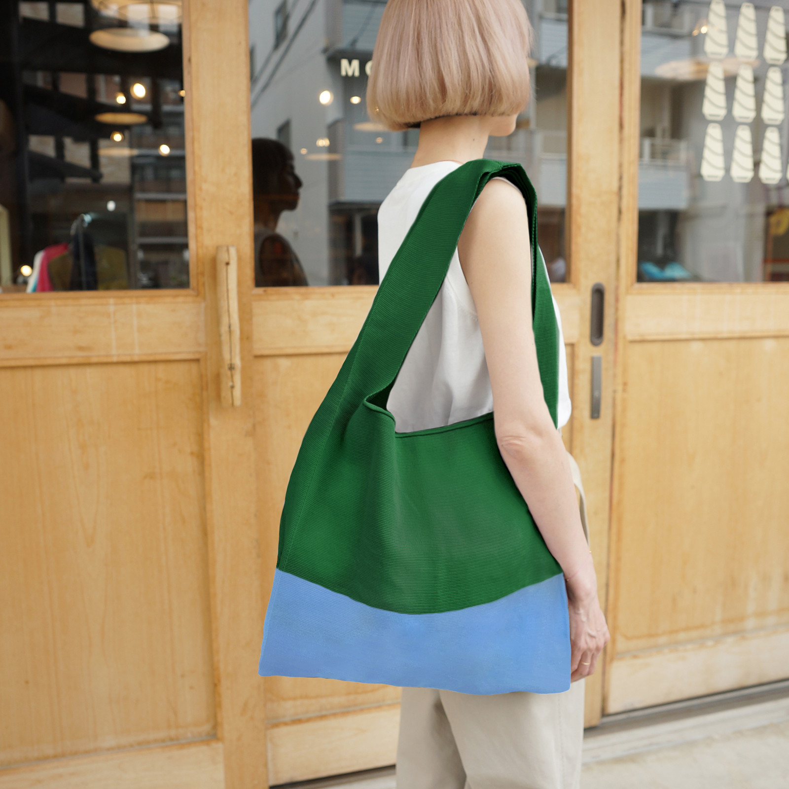 マルシェバッグ 【 グリーン × サックス 】 ニットバッグ A4対応 大きめ