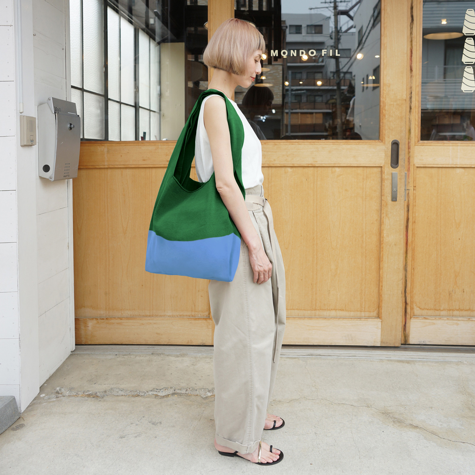 マルシェバッグ 【 グリーン × サックス 】 ニットバッグ A4対応 大きめ