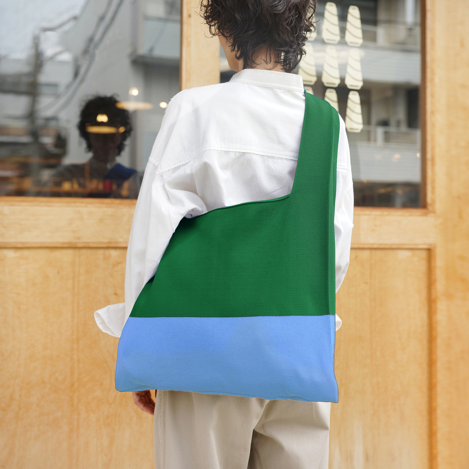 マルシェバッグ 【 グリーン × サックス 】 ニットバッグ A4対応 大きめ