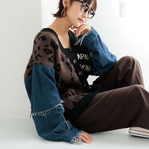 予約/AW新作】周りと差がつくお洒落配色カーディガン ヒョウ柄 ロゴ