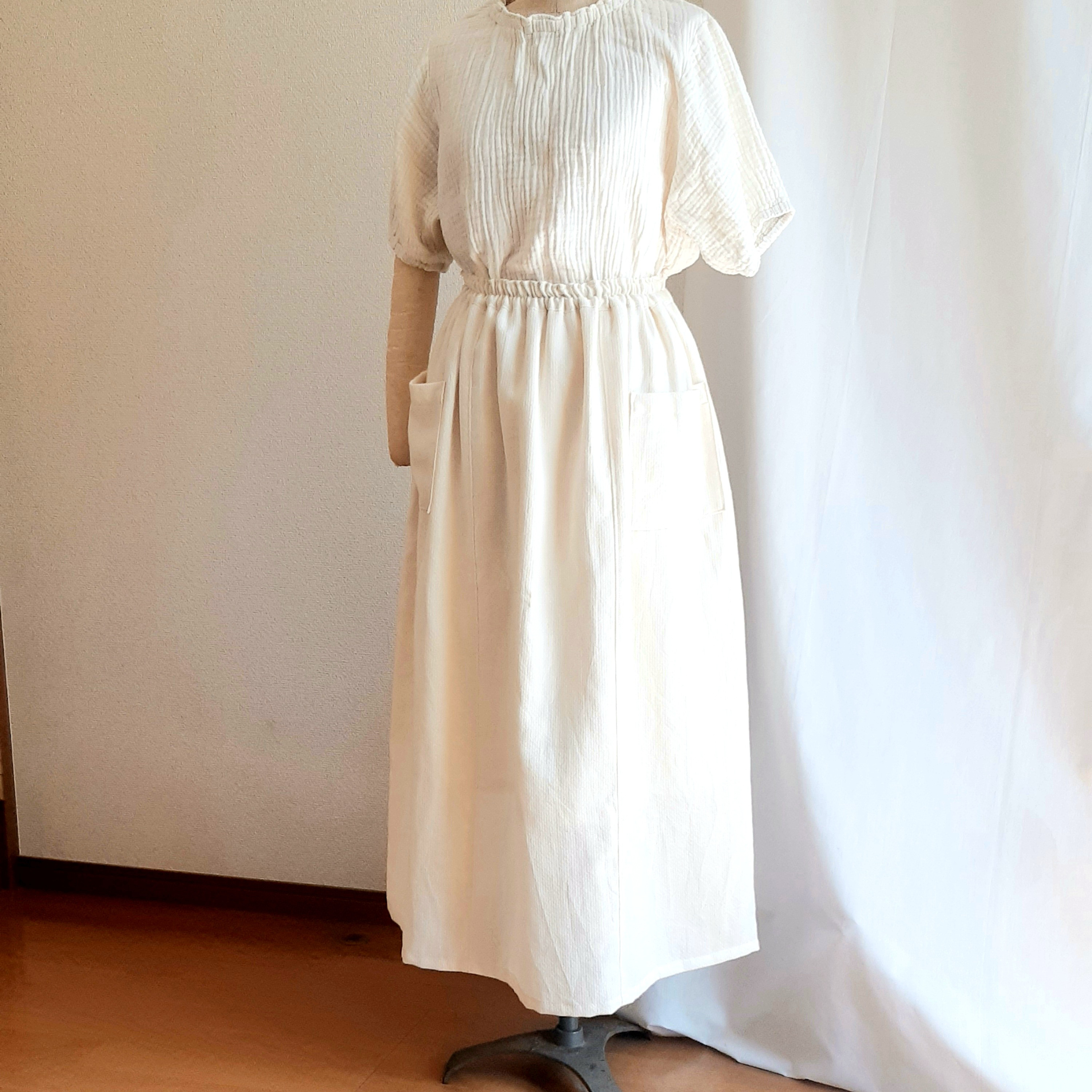 織り模様・オーガニックコットン 　裏Wガーゼ付き　ロングギャザースカート