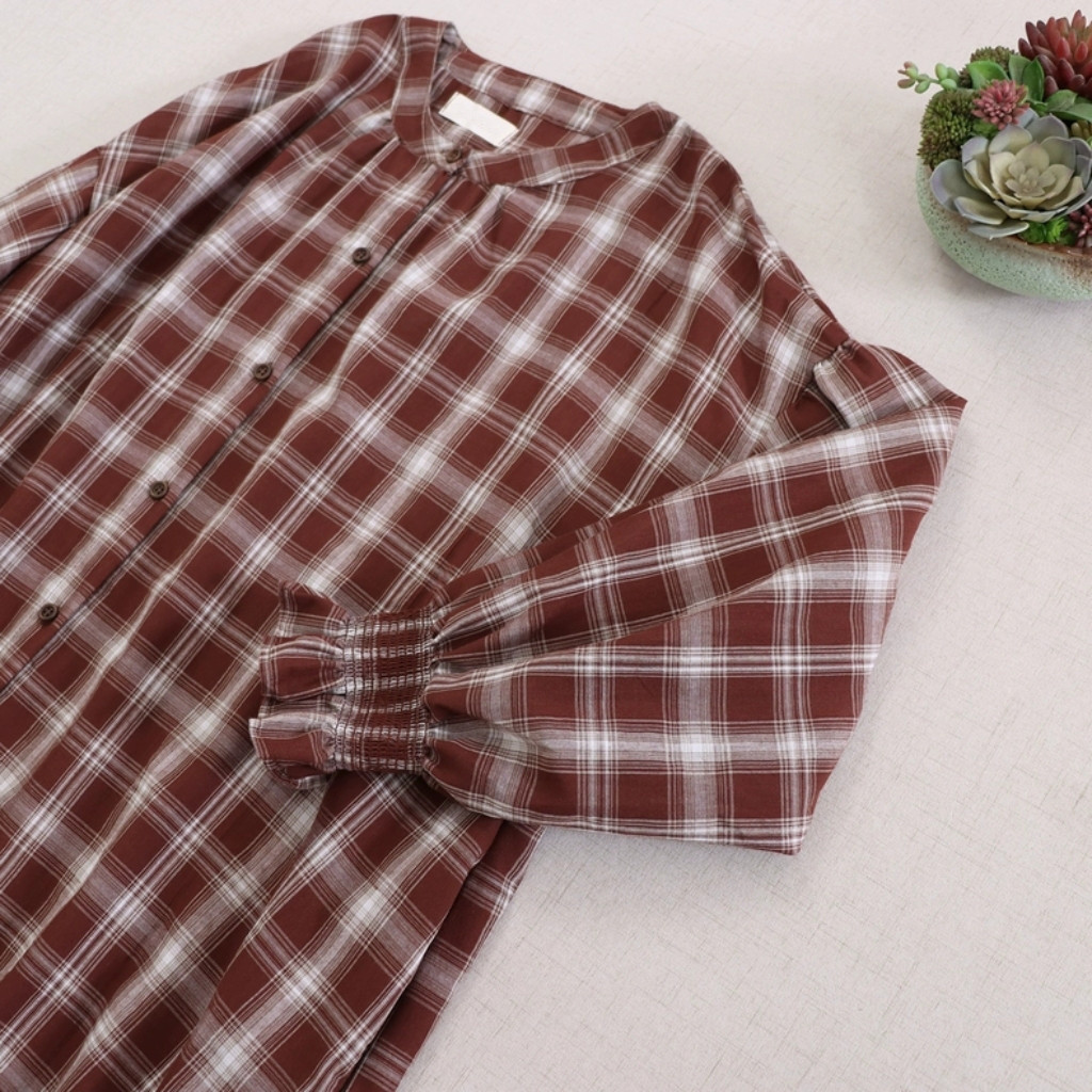 【秋支度★チェック柄のコットンワンピース】大人カジュアル│ボタン止め│バルームスリーブ│落ち着いた色│O-108LB