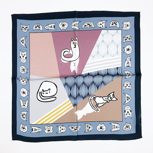 猫デザイン シルク100%スカーフ 約53cm 絹製 バンダナ オーシーズン