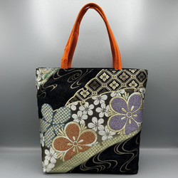 着物 帯 リメイク ハンドメイド トートバッグ 黒 帯締め 桜 トート