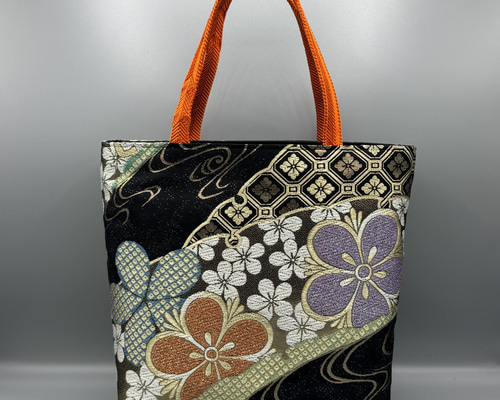 着物 帯 リメイク ハンドメイド トートバッグ 黒 帯締め 桜 トート