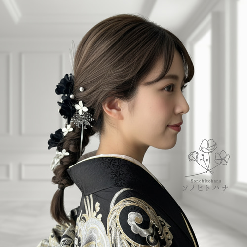 成人式・卒業式・結婚式】銀×黒 水引×パールの髪飾り｜振袖・袴・色打