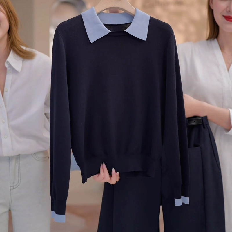 大きいサイズのデザイン感の襟のぶつかった色のニットの女の2025秋の新型のファッションは百合してやせて見えるアンダーシャ