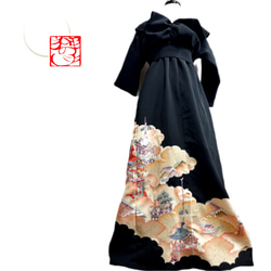 振袖 着物リメイク ドレス 和柄 ワンピース 濃紺×牡丹や菊や桜 ぽわん