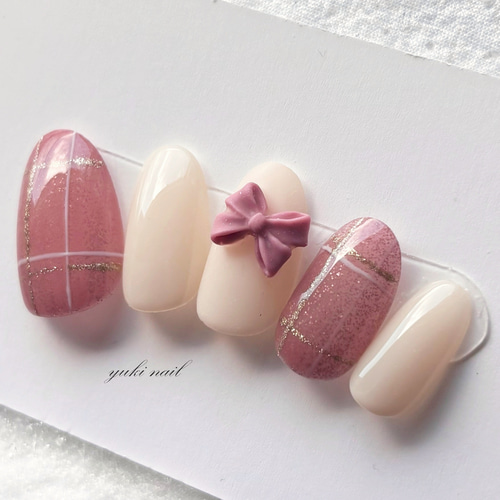 チェックリボン ネイルチップ 新作】チェックとリボンのネイル ネイルチップ（つけ爪） yuki-nail