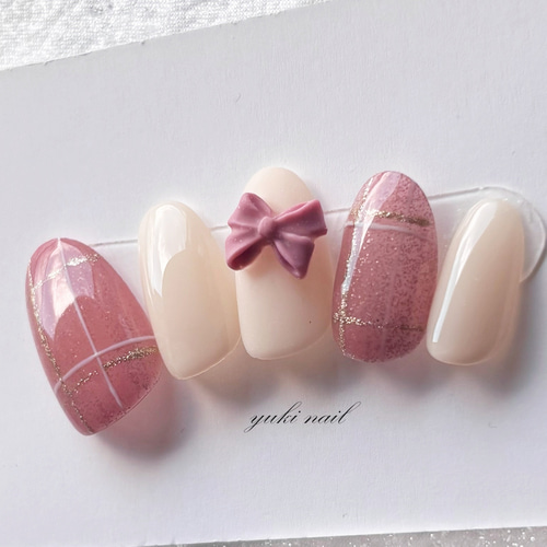 新作】チェックとリボンのネイル ネイルチップ（つけ爪） yuki-nail