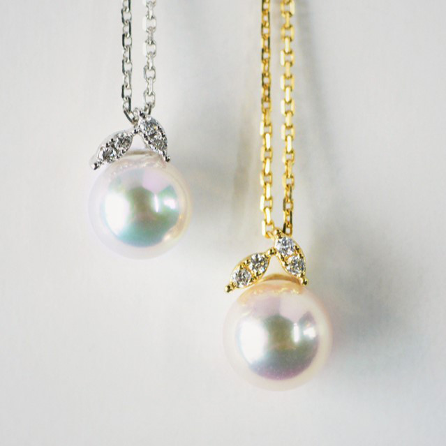 ルミナ アコヤ真珠ペンダント 7-8mm 日本製天然海水真珠 18Kゴールド ダイヤモンドネックレス 新葉つぼみ型