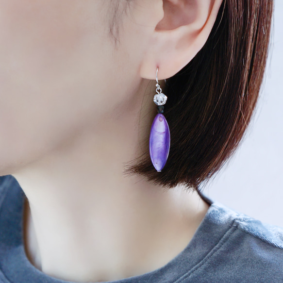 【4月誕生石/水晶】大人シックなクリスタルとマーキス型シェルのピアス　※イヤリング・イヤーカフに変更可 2枚目の画像