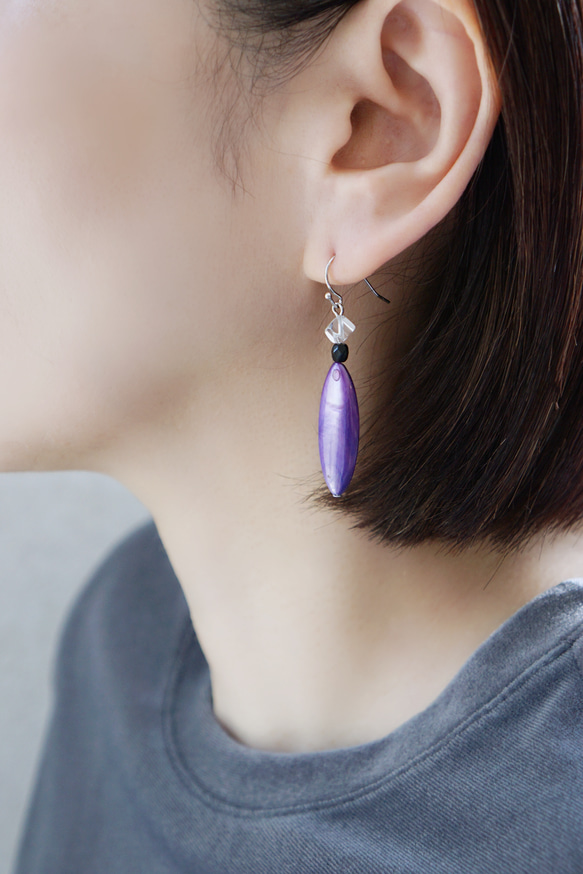 【4月誕生石/水晶】大人シックなクリスタルとマーキス型シェルのピアス　※イヤリング・イヤーカフに変更可 6枚目の画像