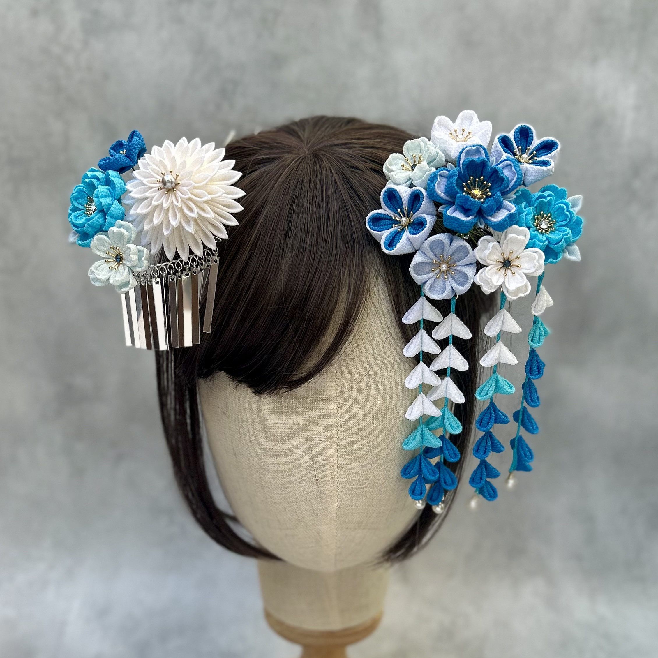 つまみ細工 かんざしセット（7歳さん以上向け）青 ブルー *七五三 *髪飾り *日本髪 *成人式 *銀ビラ *藤下がり