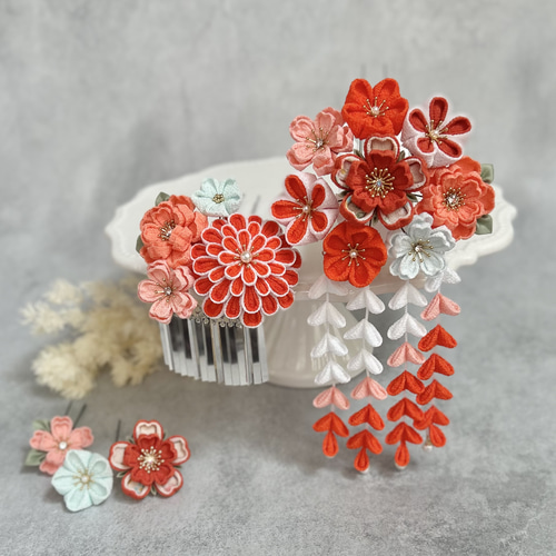 日本髪 七五三かんざし（7歳さん以上向け）オレンジ 橙 七五三 髪飾り