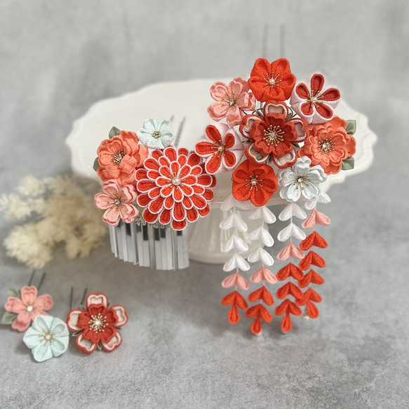 日本髪 七五三かんざし（7歳さん以上向け）オレンジ 橙 七五三