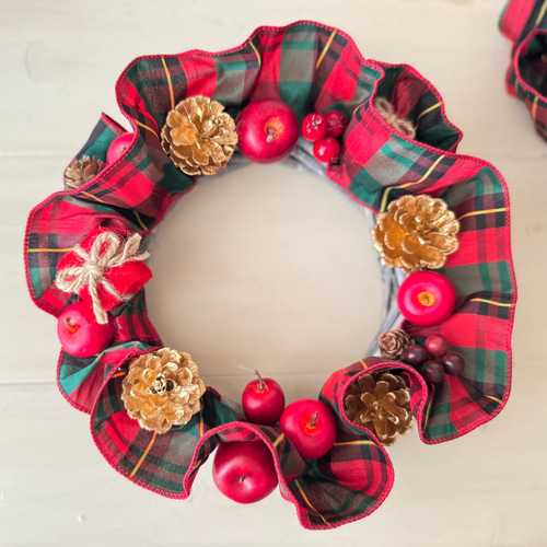 限定価格】『タータンチェックリボンのクリスマスリース・ゴールド』25