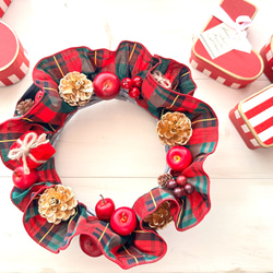 限定価格】『タータンチェックリボンのクリスマスリース・ゴールド』25