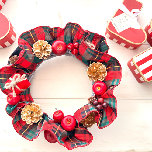 限定価格】『タータンチェックリボンのクリスマスリース・ゴールド』25