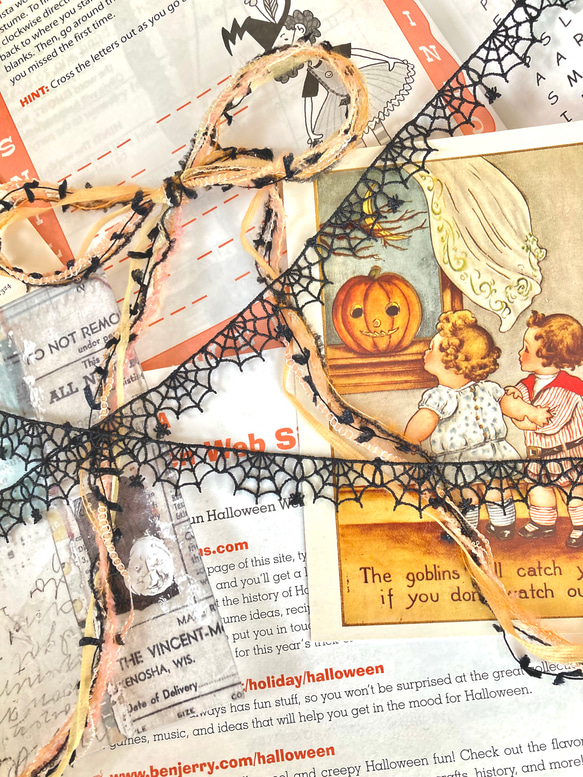 ⭐︎.。Jack-o-lantern。.＊ハロウィンカラーの引き揃え糸5m & 蜘蛛の糸レースリボン60cm セットⅡ 1枚目の画像
