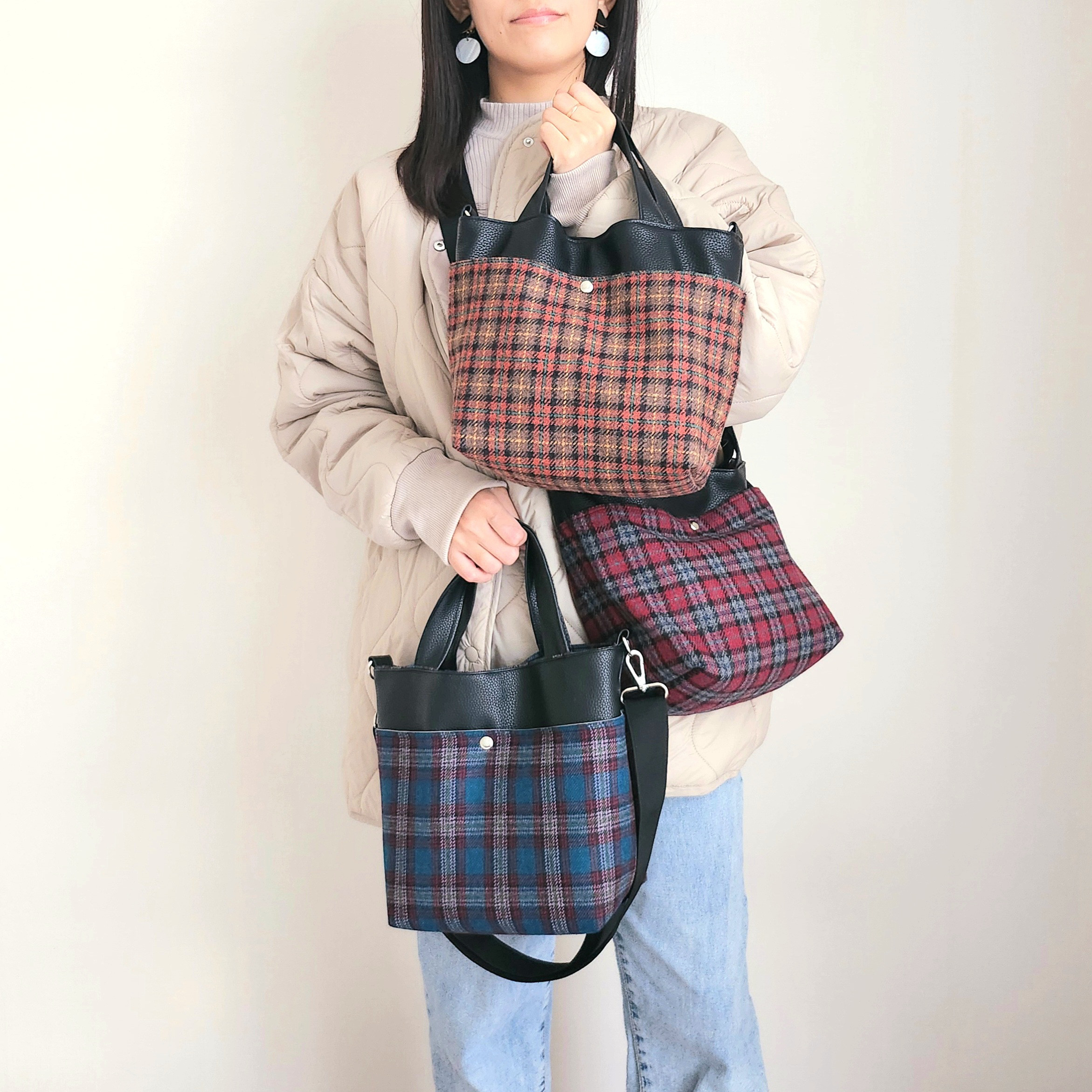 ウールタータンチェックの3WAYミニトートバッグ│撥水レザー 手提げ　ショルダー│クリスマス　ブルーレッドブラウン