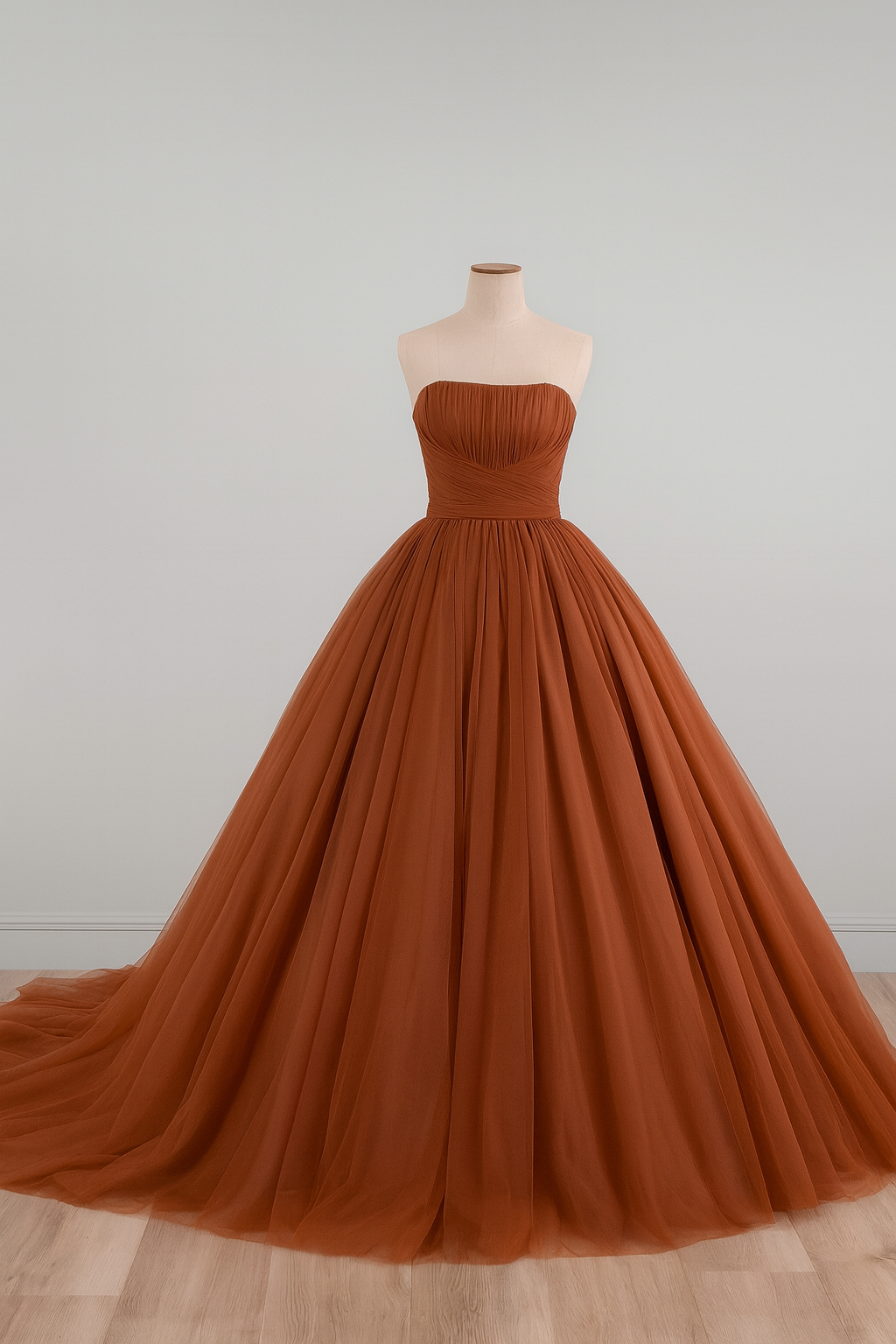 送料無料！カラードレス ベアトップ テラコッタ チュールスカート 細見えシルエット エレガント Aライン 結婚式