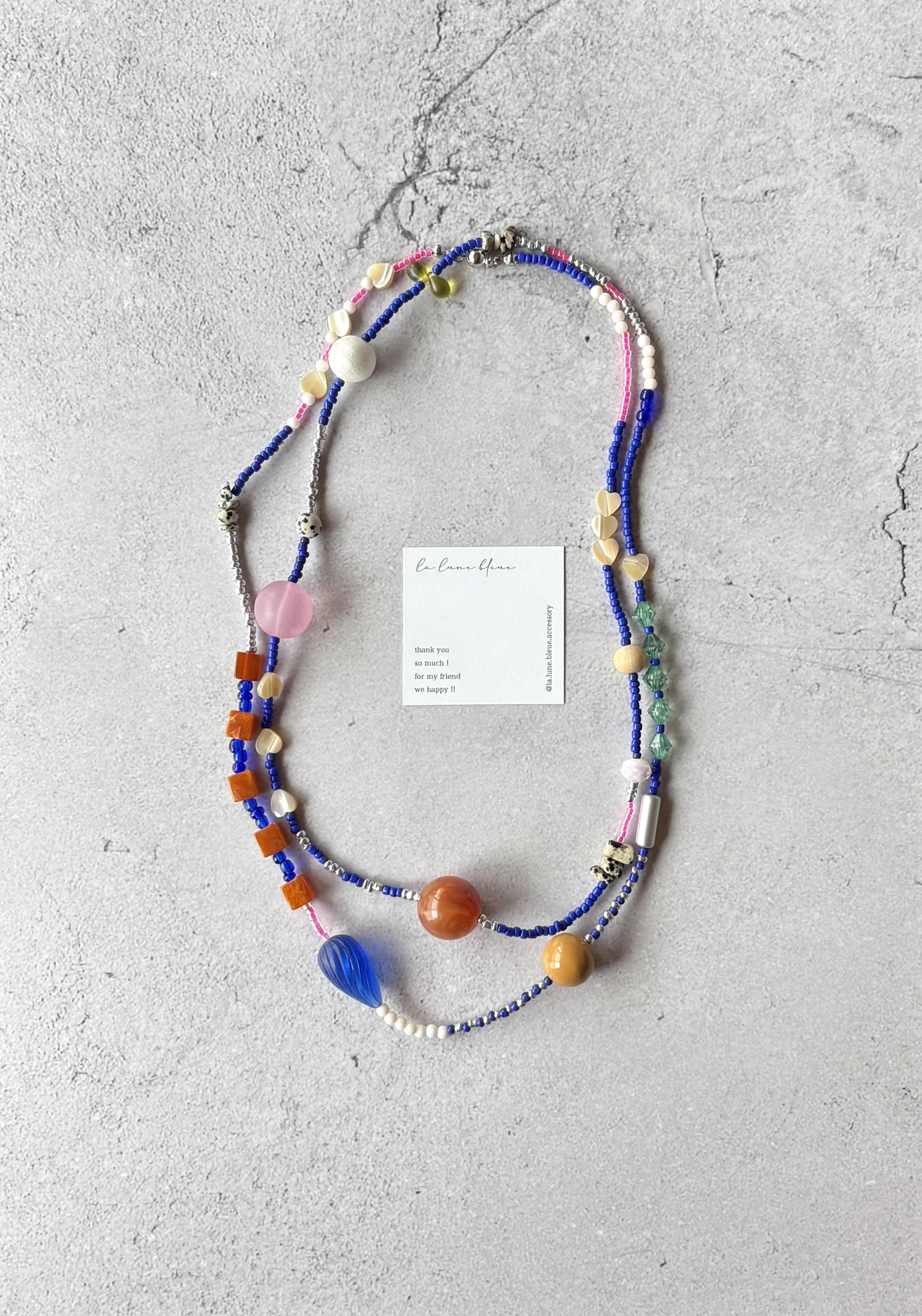 Super longビーズネックレス　Blue 1点もの　カラフル　遊び心　天然石　ヴィンテージ