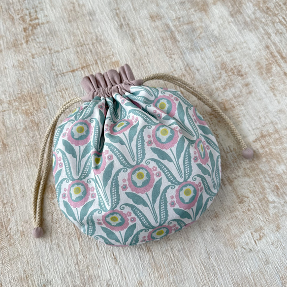 【L】内袋が２部屋に分かれていて便利♪『LIBERTY＆ハーフリネンの巾着袋』 イブニングサン／ダークブルーグリーン 9枚目の画像