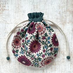 【L】内袋が２部屋に分かれていて便利♪『LIBERTY＆ハーフリネンの巾着袋』 イブニングサン／ダークブルーグリーン 5枚目の画像