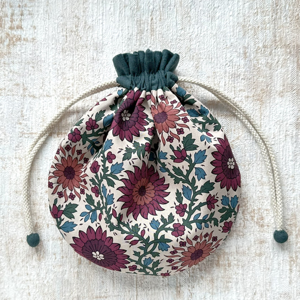 【L】内袋が２部屋に分かれていて便利♪『LIBERTY＆ハーフリネンの巾着袋』 イブニングサン／ダークブルーグリーン 5枚目の画像