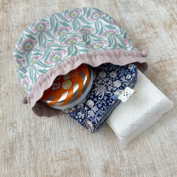 【L】内袋が２部屋に分かれていて便利♪『LIBERTY＆ハーフリネンの巾着袋』 イブニングサン／ダークブルーグリーン 8枚目の画像