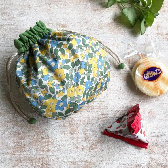 【L】内袋が２部屋に分かれていて便利♪『LIBERTY＆ハーフリネンの巾着袋』 イブニングサン／ダークブルーグリーン 7枚目の画像