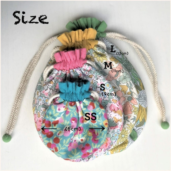 【L】内袋が２部屋に分かれていて便利♪『LIBERTY＆ハーフリネンの巾着袋』 イブニングサン／ダークブルーグリーン 10枚目の画像