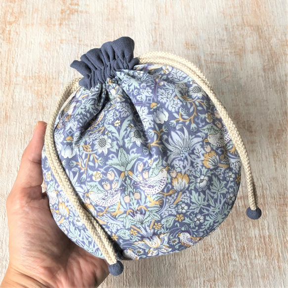【L】内袋が２部屋に分かれていて便利♪『LIBERTY＆ハーフリネンの巾着袋』 イブニングサン／ダークブルーグリーン 11枚目の画像
