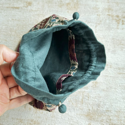 【L】内袋が２部屋に分かれていて便利♪『LIBERTY＆ハーフリネンの巾着袋』 イブニングサン／ダークブルーグリーン 4枚目の画像