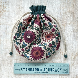 【L】内袋が２部屋に分かれていて便利♪『LIBERTY＆ハーフリネンの巾着袋』 イブニングサン／ダークブルーグリーン 2枚目の画像