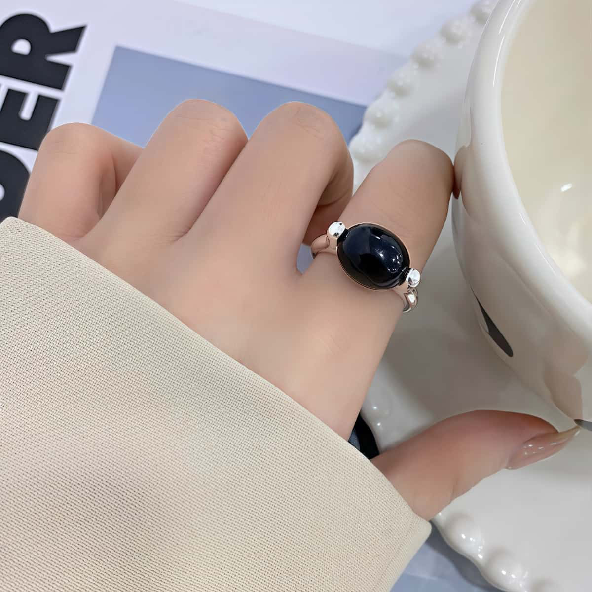 レトロ風！|S925銀|ナチュラルストーンオープンリング|黒瑪瑙・白瑪瑙2種類選択可