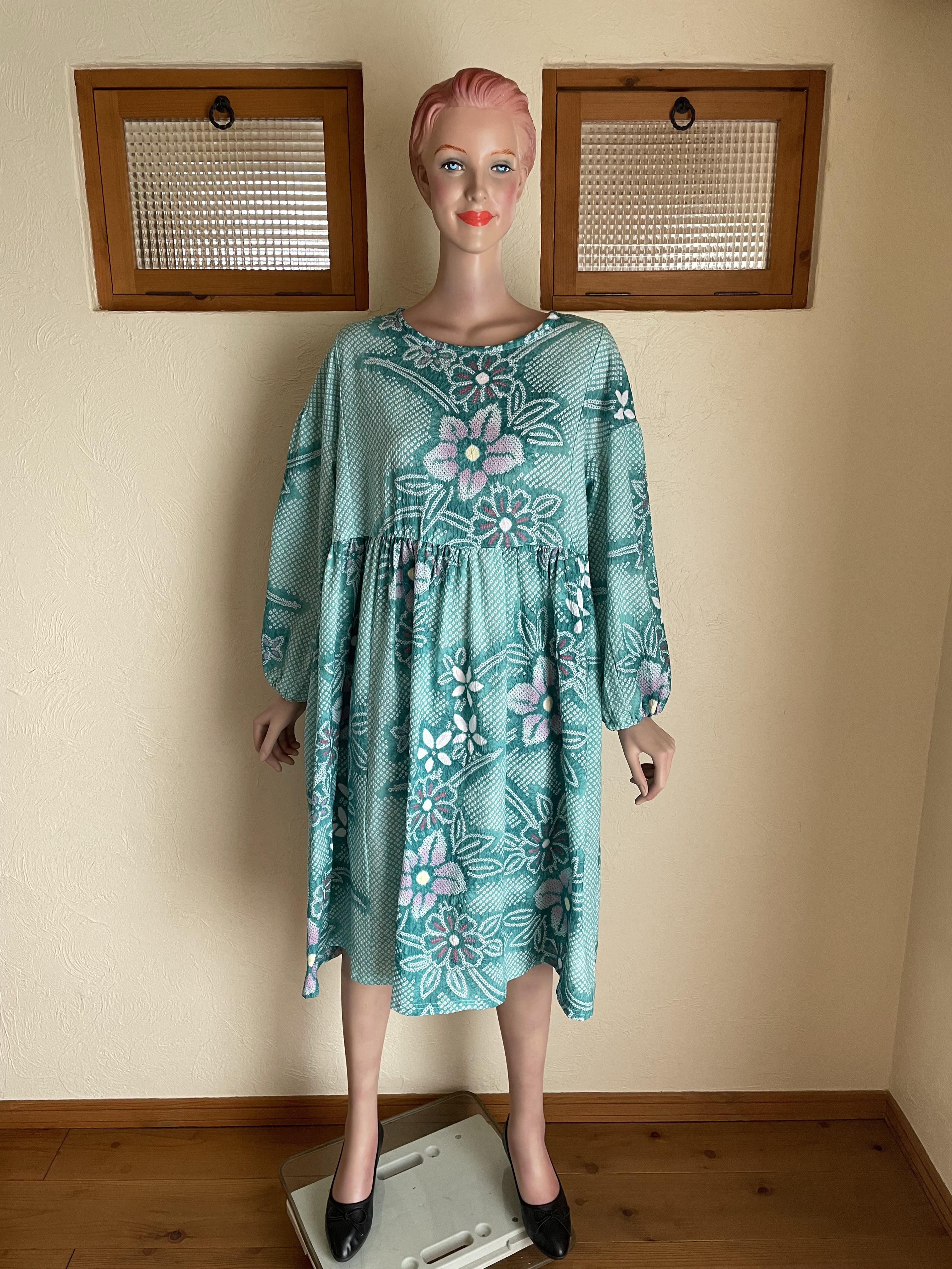 浴衣　ワンピース　スモックワンピース　有松鳴海絞り　リメイク　ギャザーワンピース