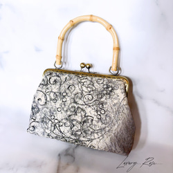 希少！！金通し日本の伝統工芸暈し染めに手書き散りばめられた微粒子パールのヴェール　カジュアルバンブー口金高級帯地バッグ 6枚目の画像