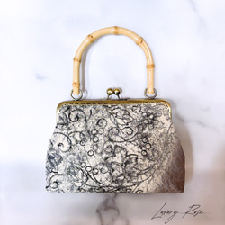 希少！！金通し日本の伝統工芸暈し染めに手書き散りばめられた微粒子パールのヴェール　カジュアルバンブー口金高級帯地バッグ 7枚目の画像