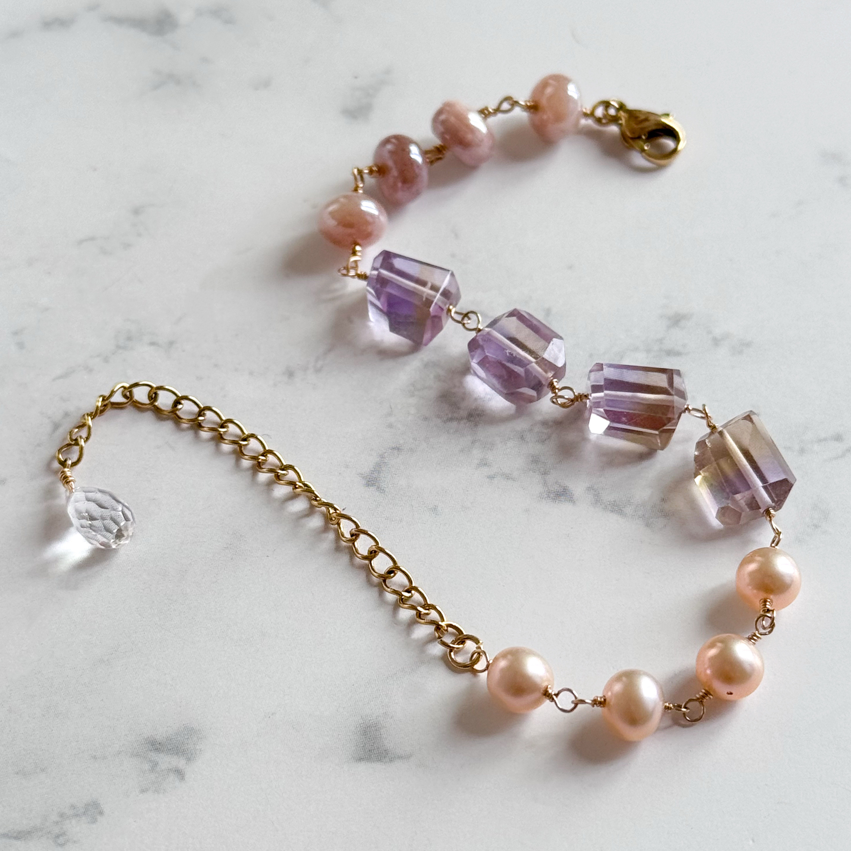 再販●宝石質アメトリンとオレンジ淡水パール、ピーチムーンストーンの秋色ブレスレット（14kgf/16kgp）天然石
