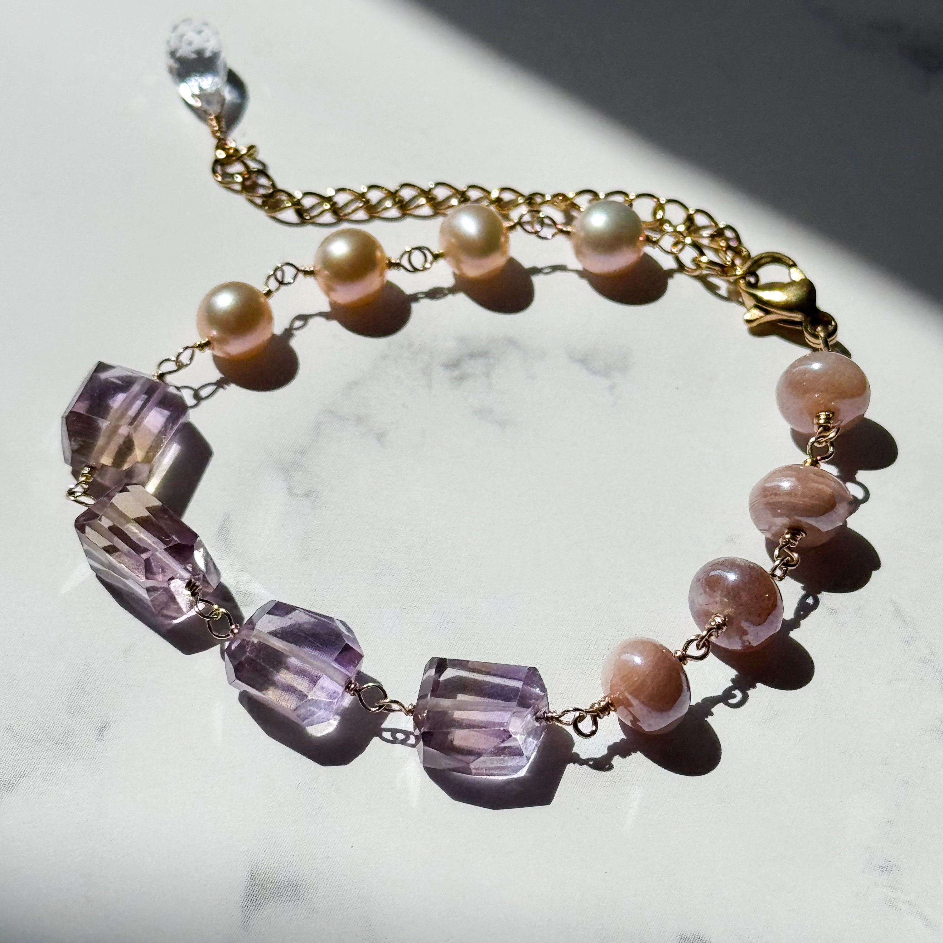 再販●宝石質アメトリンとオレンジ淡水パール、ピーチムーンストーンの秋色ブレスレット（14kgf/16kgp）天然石