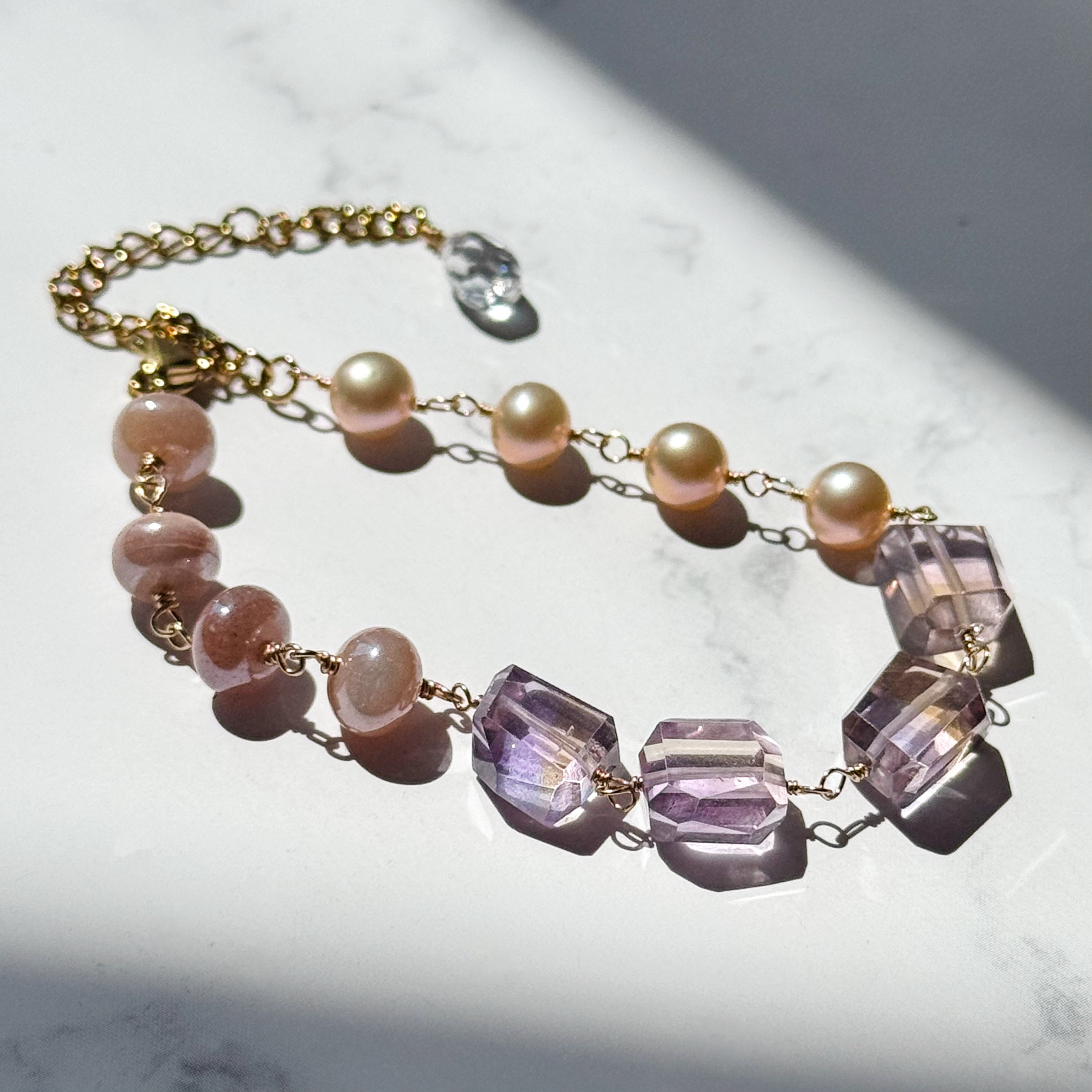 再販●宝石質アメトリンとオレンジ淡水パール、ピーチムーンストーンの秋色ブレスレット（14kgf/16kgp）天然石