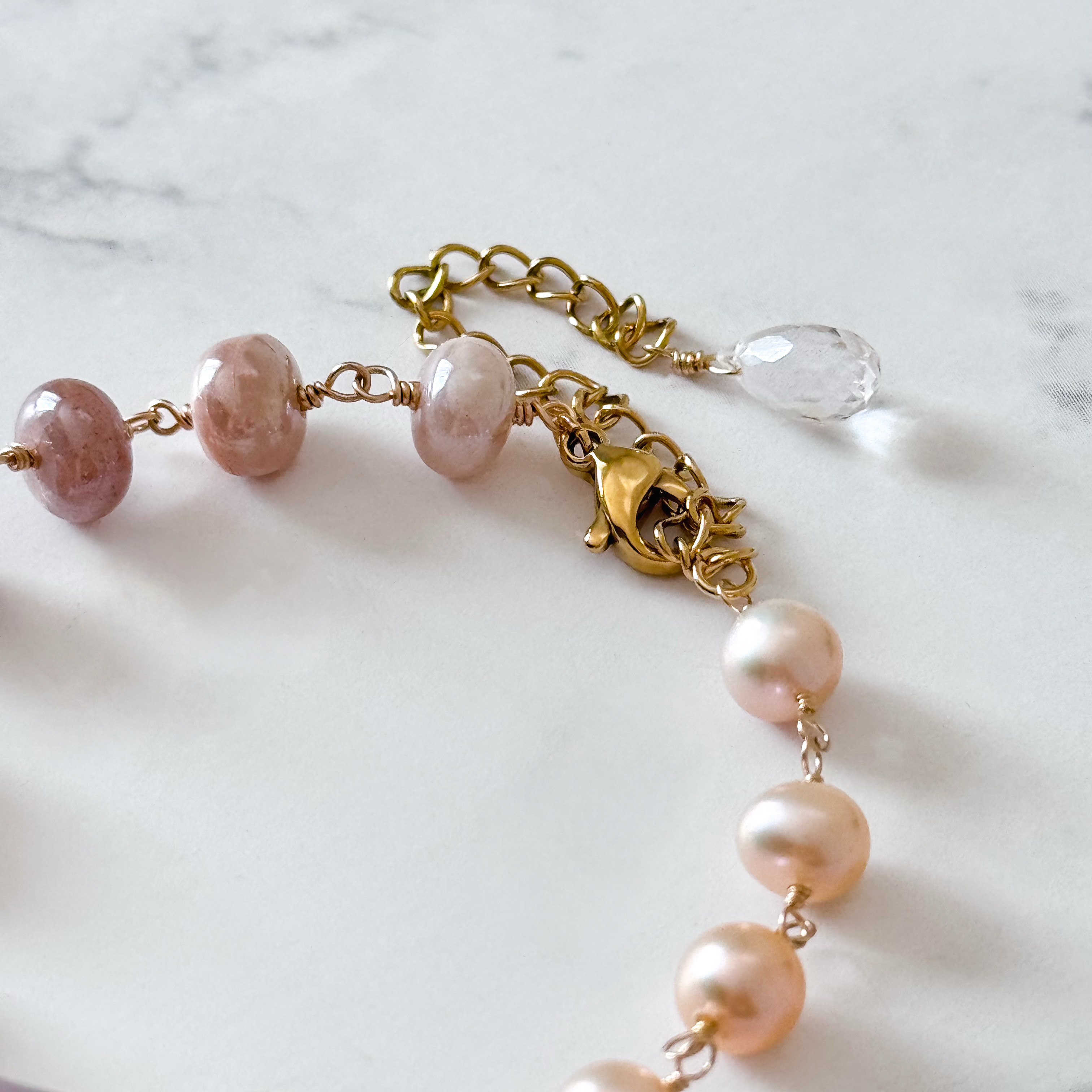 再販●宝石質アメトリンとオレンジ淡水パール、ピーチムーンストーンの秋色ブレスレット（14kgf/16kgp）天然石